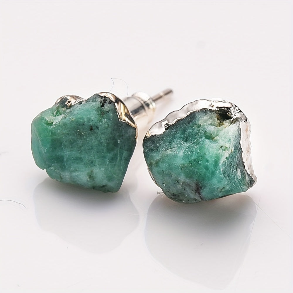 925 Sterling Silver Plated, Natural Stone Irregular Raw Birthstone Earrings