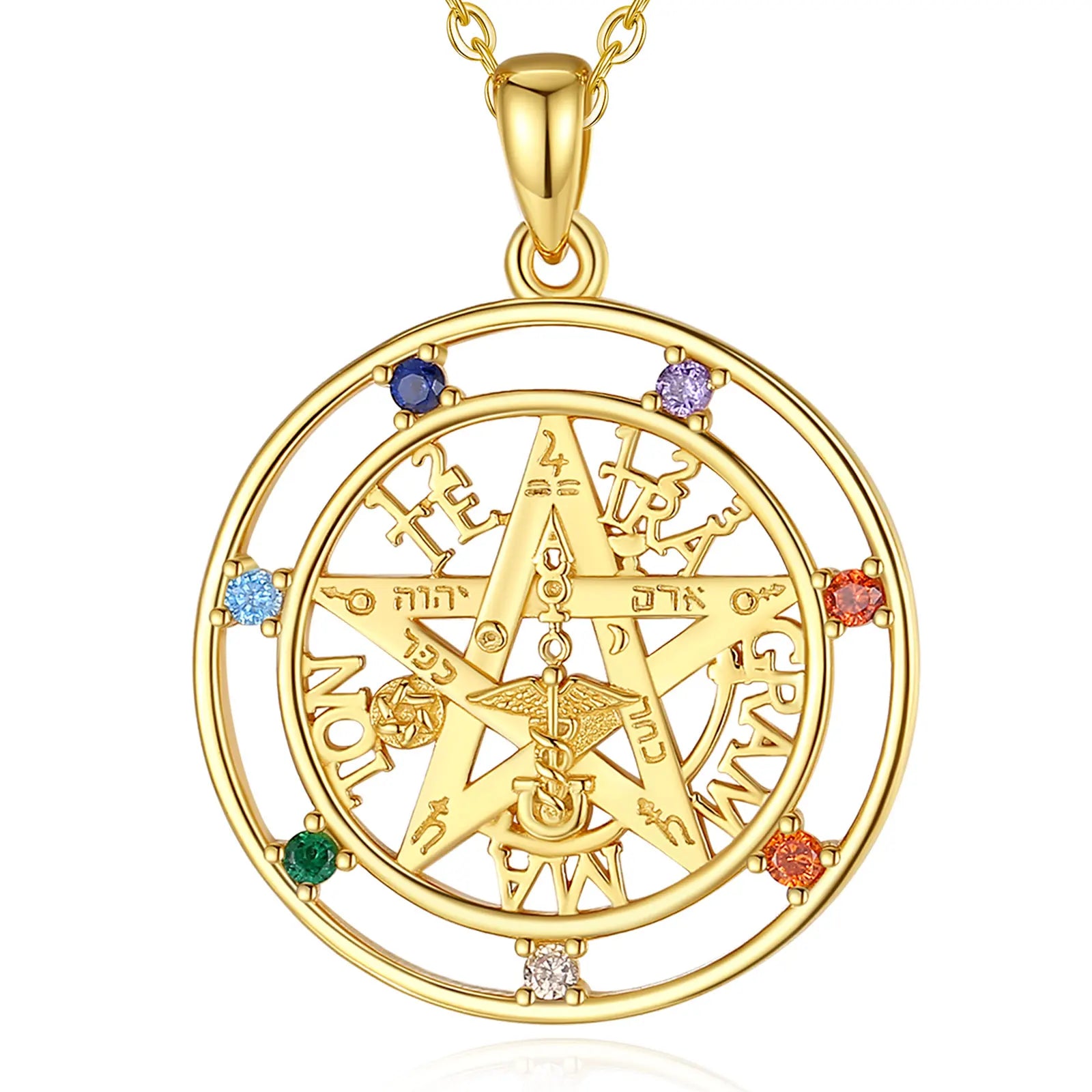 18K Gold Amulet 7 Color Chakra Tetragrammaton Pendant