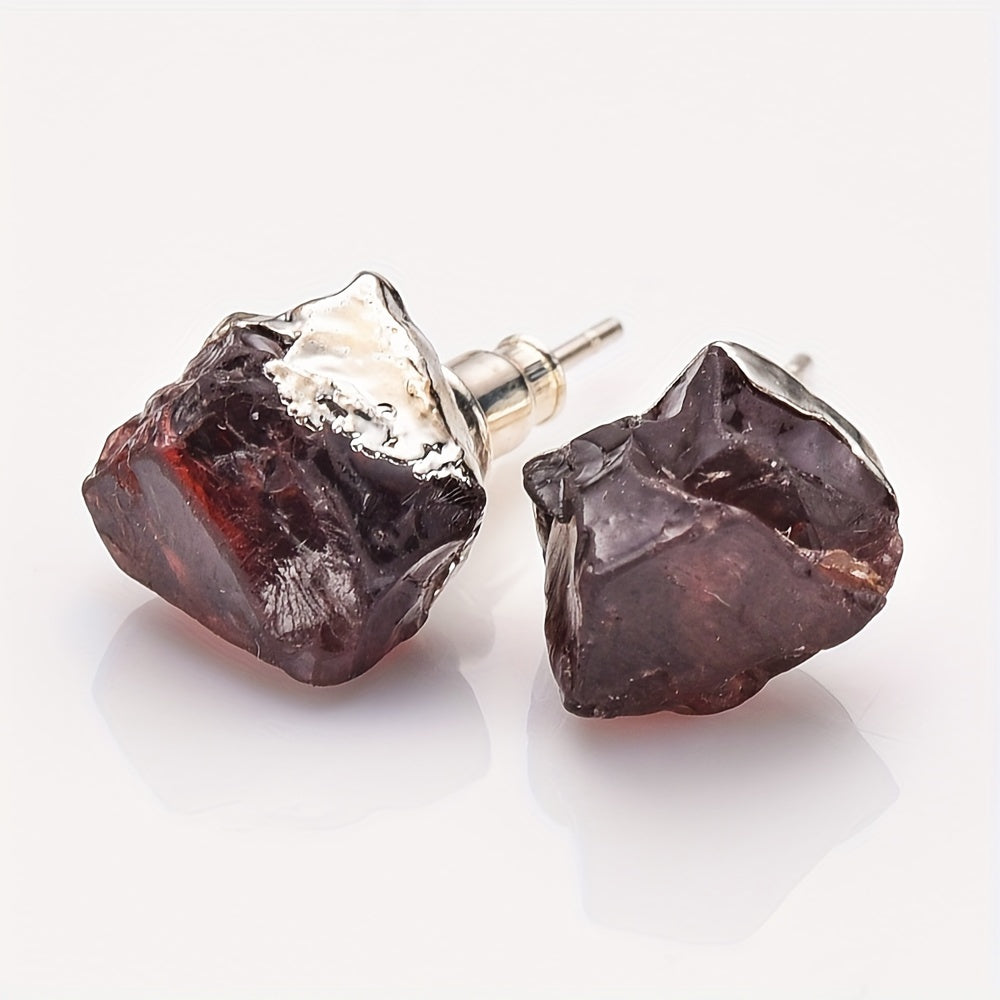 925 Sterling Silver Plated, Natural Stone Irregular Raw Birthstone Earrings
