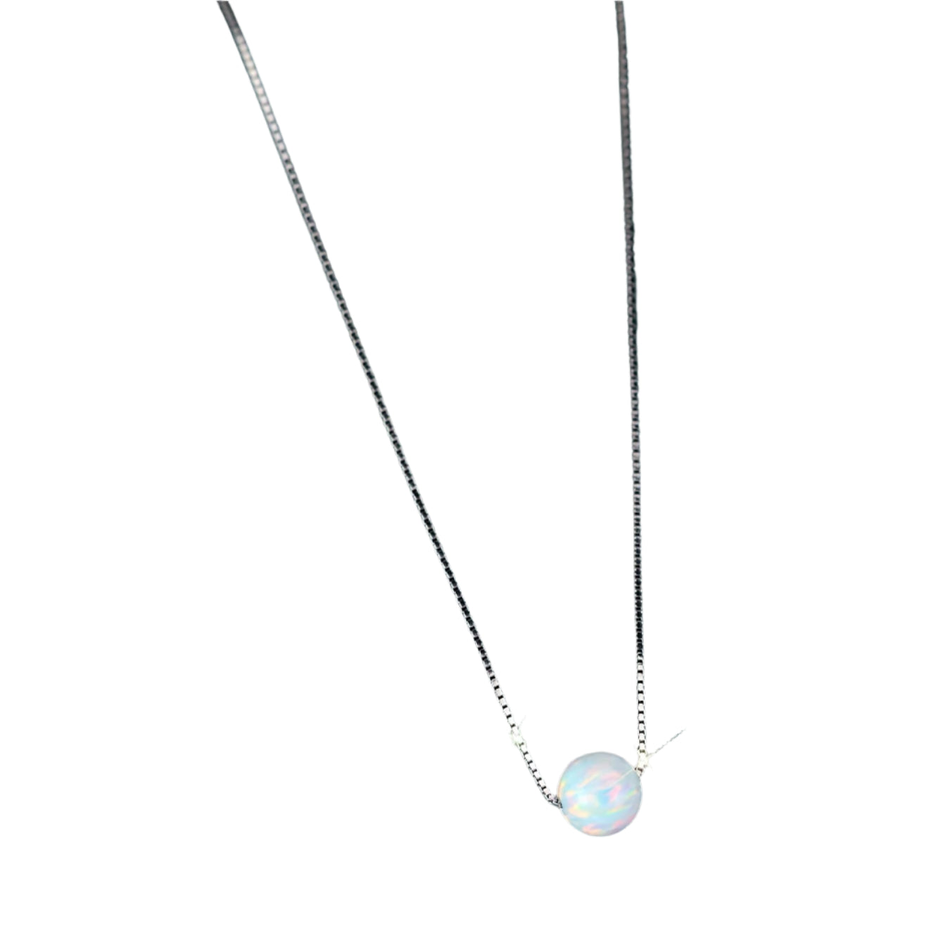 925 Sterling Silver Round Ball White Opal Pendant Necklace